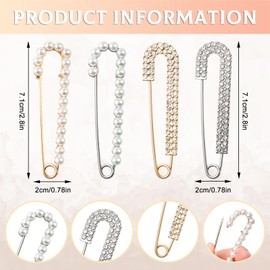 16 Pcs Fancy Safety Pins, Pearl Pins for Clothes, Hat Pins for Women to Keep Hat in Place, Rhinestone Safety Pins for Women Skirts Sweater Scarf Lapel Hat Accessories (Gold，Silver)