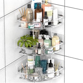 Simple Houseware Bathroom Adhesive Wall Mount Single-Tier Corner Shelf Shower Caddy, Chrome, (Set of 3)