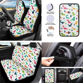 Uskorhein Cartoon Mini Dinosaur T-rex Hand Drawing Car Seat Cover Full Set Universal 13 Pcs for Cute Pterosaur Dinosaur Forest Front and Back Seat Cover Keychains for Truck SUV…
