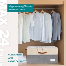 RONCHIL Shoe Organizer for Closet, Foldable Shoe Storage Bins with Clear Cover, Space Saving Shoes Holder with 4 Handles, Large Adjustable Shoe Box Storage Containers, Fits 12-24 Pairs, 1 Pack, Beige