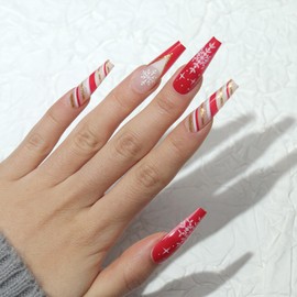 CECOBAG 24 Pcs Red Rectangular Press-On Nails with Snowflake Deer Pattern Acrylic Nails, Women's and Girls Glued Nails Suitable for Winter Christmas