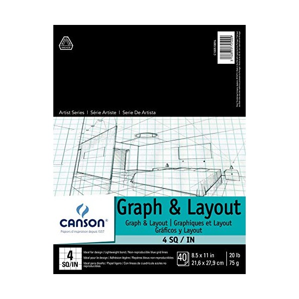 Canson Foundation Series Graph and Layout Paper Pad with Non Reproducible Blue Grid, Fold Over, 20 Pound, 4 by 4 Grid on 8.5 x 11 Inch, 40 Sheets