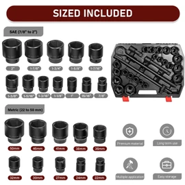 Bzsunway 27 PCS Master Impact Socket Set 3/4-Inch-Drive Jumbo Impact Socket Set,Standard SAE (7/8" to 2") and Metric (22 to 50 mm) Size Socket Set with Extension