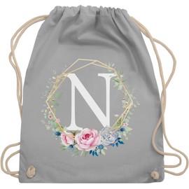 Shirtracer - Letter initials gift - flower wreath with letter N - gym bag and fabric bag made of cotton, 1 Light Grey, Einheitsgröße