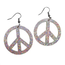 Big Peace Sign Iridescent Glitter Dangle Earrings, Peace Maker Protest Cute Jewelry