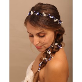 Teyglen Women Bride Wedding Flower Pearl Crystal Headband Hair Vine Handmade Pearl Bridal Navy Blue Beads Headband Wedding Hair Accessories for Brides Floral Hair Pieces Headpieces for Women Girl (Blue)