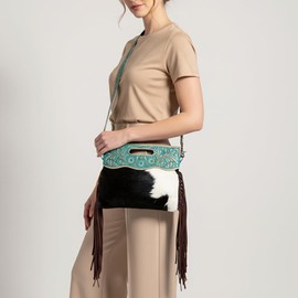 American Darling Women's Clutch Bag Western Hand Tooled Hair on Genuine Leather Handbag and Ladies Purse