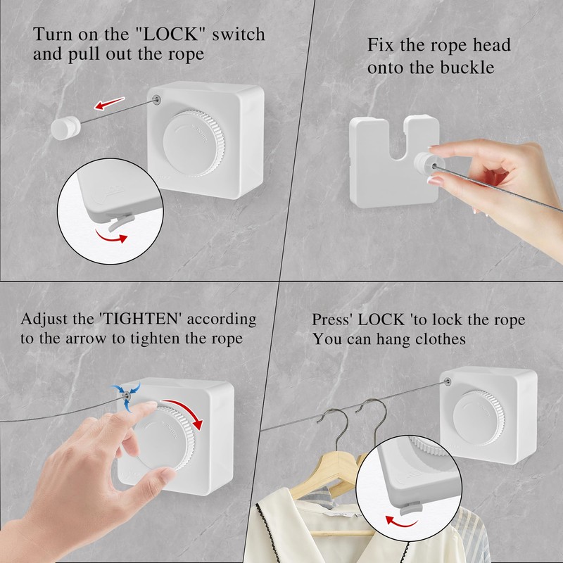 JOOM Retractable Washing Line, Wall Mounted Indoor Clothesline,White