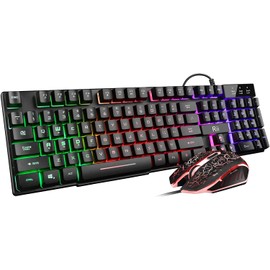 Rii Keyboard and Mouse Set, Rainbow LED Backlit Multimedia PC Keyboard, Colorful Breathing Backlit Gaming Mouse for Work or Play