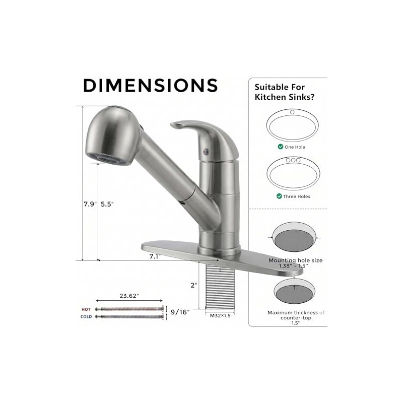 Comllen Commercial Pull Out Kitchen Faucet Brushed Nickel, Stainless Steel