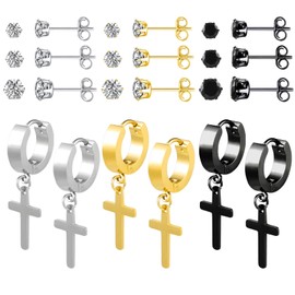 9 Pairs Diamond Stud Earrings 3 Pairs Small Hoop Earrings Cross Dangle Earrings Huggie Hoop Earrings Stainless Steel Earrings for Women Men Gold/Black/Steel