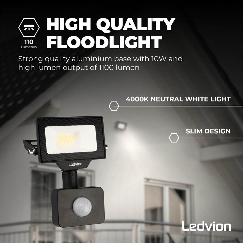 Ledvion - LED Floodlights with Motion Sensor, 10 Watt, 4000