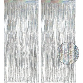 YIAGUN 2 Pack Silver Foil Curtains 1x2.5m Thick Laser Flash Tinsel Tassel Curtains Drag Cable Background Decoration Birthday Studio Props Graduation Engagement Party