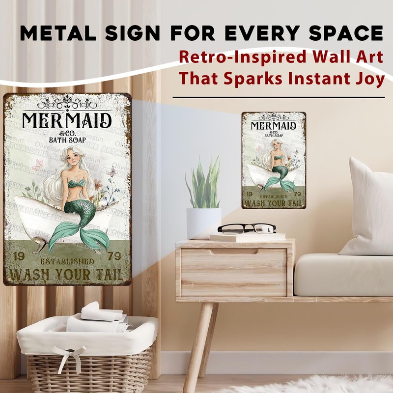 ARTWALLURE Mermaid Bathroom Decor Tin Sign Metal Wall Art for