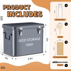 Blulu 85 Pcs Seed Storage Organizer 3 Compartment 30 Slot Metal Seed Saving Box with Lid and Lock with 1 Marker Pen, 20 Plant Labels, 30 Envelopes, 30 Bottles, Stickers for Garden Flower Plant(Grey)