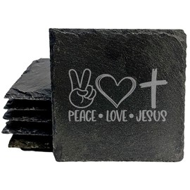 Faith and Hope: Laser Etched Blessings on Your Table: Peace, Love, Jesus Coasters in Rustic Slate - Square Slate - set of 4