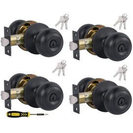 (4 Pack) Entry Door Knobs with Lock and Keyed Alike, Interior/Exterior Flat Ball Door Locks for Bedroom/Bathroom/Front/Offic Doors, Matte Black Finish