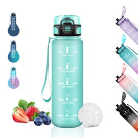 Children's Water Bottle, 500 ml, Leak-Proof Drinking Bottle with Filter, Water Bottle with Time Marking, Can Be Carried, Water Bottle for School, Office, Travel, Camping, Running, Green