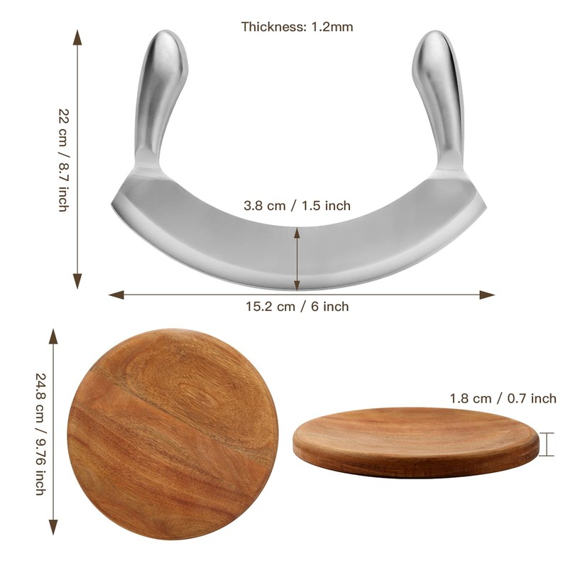 8.7 Inch Mezzaluna Knife With Wood Cutting Board - Stainless