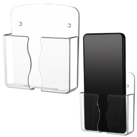 Psyqtsuary 2Pcs Phone Holder Wall Mounted, Wall Mounted Phone Holder, Clear Phone Stand Self Adhesive with Charging Hole, Acrylic Phone Cradle, Phone Holder for Shower/Charging, Bedside Organizer