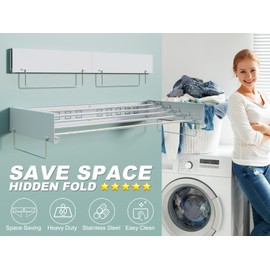 SKIKEN Wall Mounted Hidden Clothes Drying Rack - Pull-Out Laundry Organizer with 5 Stainless Steel Rods - Collapsible & Foldable for Laundry Room/Bathroom - Heavy Duty & Space Saving (31.5", White)