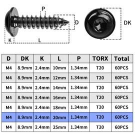 Pack of 60 Screws Black M4 x 20 mm Wood Screws Tapping Screws Black Galvanised Pan Head Screws Flat Head Self Tapping with Washer for Acoustic Panels 304 Stainless Steel Torx Flat Head Screws