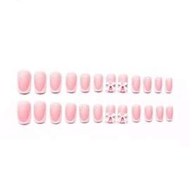 48 Pcs Square Press on Nails & Press on Toenails Set White French Tip Nail with Bow Design Glue on Nails Artificial Acrylic Full Cover Fake Nails Glossy Stick on Toe Nails for Women Summer Manicure
