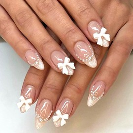 24Pcs Cute Bow Press on Nails Short Almond Fake Nails with White Bow Nail Charms Design Nude Pink Acrylic Nails Full Cover Glue on Nails French Tip False Nails for Women Girls Acrylic Manicure Tip