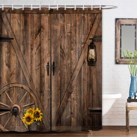MDUKOIN Rustic Barn Door Shower Curtains,Brown Wooden Bath Curtain,Farmhouse Vintage Country Bathroom Decor,Wood Board Sunflower Shower Curtain Set with Hooks 72X72in