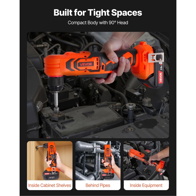 VEVOR Right Angle Drill, 3/8 Inch Chuck, 90 Degree Cordless
