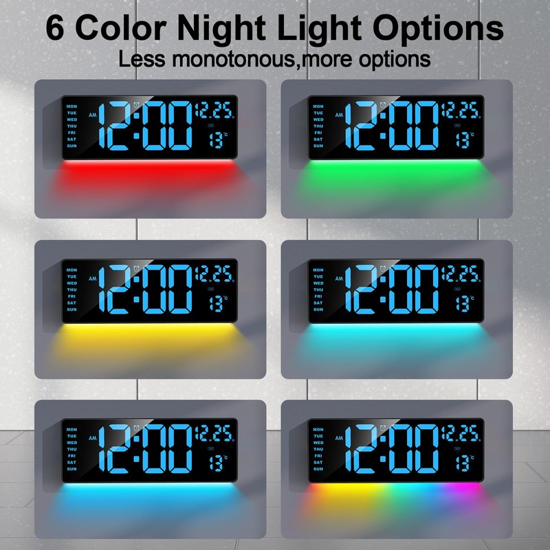 16.5" Digital Clock Large Display with Remote Control, 6-Color Night