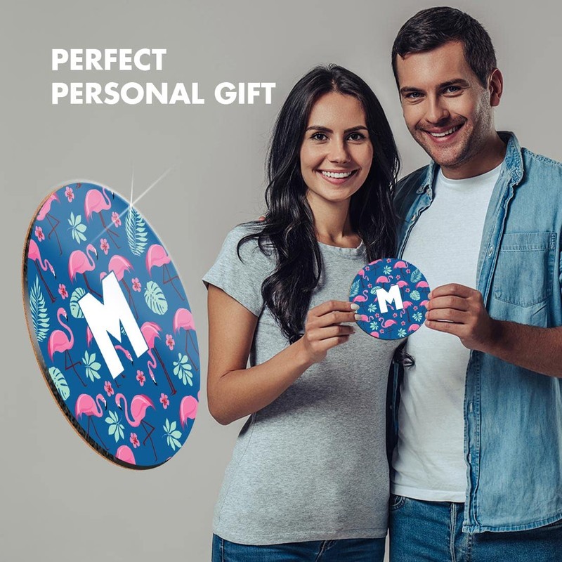 1 x Round Coaster - Letter M Tropical Flamingo Palm
