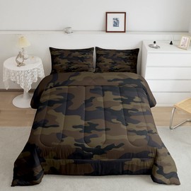 Feelyou Kids Boys Camo Comforter Set Army Camouflage Lightweight Bedding Set for Girls Teens Youth Man Navy Blue Decor Comforter Black Dark Brown Quilt Set Bedroom Collection 3Pcs Queen Size