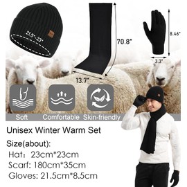 CheChury Hat Scarf Glove Sets for Men Women Hat Touchscreen Gloves Beanie Warm Hat Knitted Hat Soft Winter Scarf Men Warm Hat 3 in 1 Winter Long Scarf Gift Unisex, black