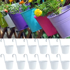 LOVOUS 6.3" x 4.7" x 5.3" Large Iron Hanging Planters Multicolor Flower Pots Balcony Garden Railing Planter, Fence Hanging Metal Bucket Plants Holders Set for Indoor and Outdoor, 12PCS, White