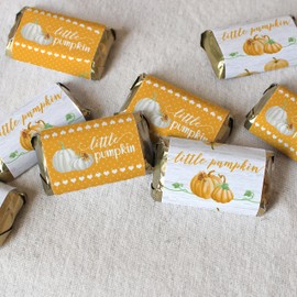 Orange Little Pumpkin Baby Shower Mini Chocolate Candy Bar Wrappers, Fall Baby Shower Decorations - 45 Stickers