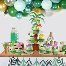 Dinosaur Cupcake Stand - 3 Tier Green Dinosaur Cupcake Stand with 12 Pcs Dinosaur Cupcake Toppers Dino Theme Birthday Party Supplies Dinosaur Birthday Party Decorations for Boys