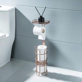 Toilet Paper Holder Free Standing, Adjustable Height, Tissue Paper Roll Dispenser with Shelf for Bathroom Storage Holds Reserve Mega Rolls Red Copper