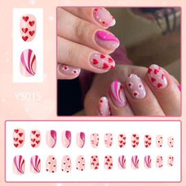 Cute Press on Nails Flower Heart Fake Nails Medium Oval Glue on Nails Glossy Acrylic Stick on Nails for Women DIY Romantic Manicure