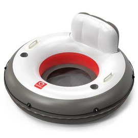 QPAU Inflatable Tube, 0.4 mm Thickened Puncture-Resistant Heavy Duty Float, River Raft with Ergonomic Backrest, Mesh Bottom & 2 Cup Holders for Family Friends Lake Float