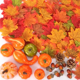 HOWAF 120pcs Artificial Pumpkins Decorations Artificial Autumn Leaves Set, Fake Autumn Leaves, Mini Fake Pumpkins,Pine Cones,Acorns,autumn Decorations Home Fall Decor Harvest Thanksgiving decorations