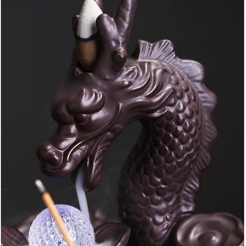 Dragon Incense Waterfall Burner with Multicolour Crystal Ball Ceramic Backflow