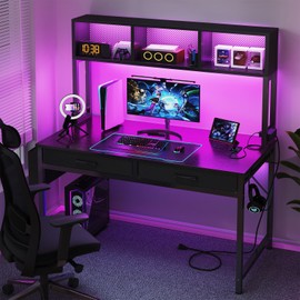 Black Gaming Desk with Hutch and Shelves - Gaming Computer Desk with 2 Storage Drawers, LED Light and Power Outlets, 47 Inch Working Modern Writing Study Desks for Bedroom Home Office