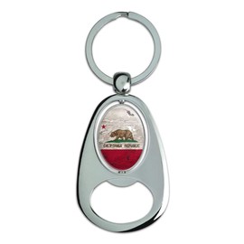 Rustic Distressed California State Flag Keychain Chrome Metal Spinning Oval Bottle Opener