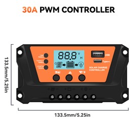 12V 30A Solar Charge Controller Intelligent Regulator with USB and Type-c Port Auto Parameter LCD Display for Lead Battery/Temary LiBattery/LIFePO4Battery