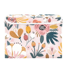 ZOEO Colorful Flowers Floral on Pink Large Lidded Storage Bin Foldable Storage Boxes Cubes Baskets Lids with 2 Handles for Home Bedroom Office 16.5x12.6x11.8inch