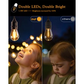 Xylenthia Outdoor String Lights,Super Bright LED - 2 Pack 48FT 15 S14 Bulbs(1 Spare), IP65 Waterproof, Commercial Grade & Shatterproof, Dimmable, UL Listed for Patio, Porch, Backyard, Gazebo