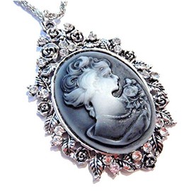 Gray Victorian-Inspired Cameo & Crystal Rhinestones Pendant on Chain Necklace Gothic Steampunk