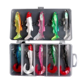 FOLANDO 10pcs Fishing Lure Set, Soft Bait Head Sea Fish Lures Fishing Tackle Sharp Treble Hook T Tail Artificial Bait