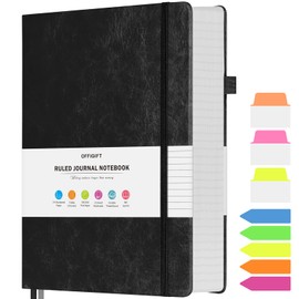 Lined Journal Notebook, Large A5 College Ruled Notebook, 312 Numbered Pages Work Notebook with Index Stickers, 100gsm Thick Paper, Hardcover Vegan Leather Journal for Women Men School Office, Black